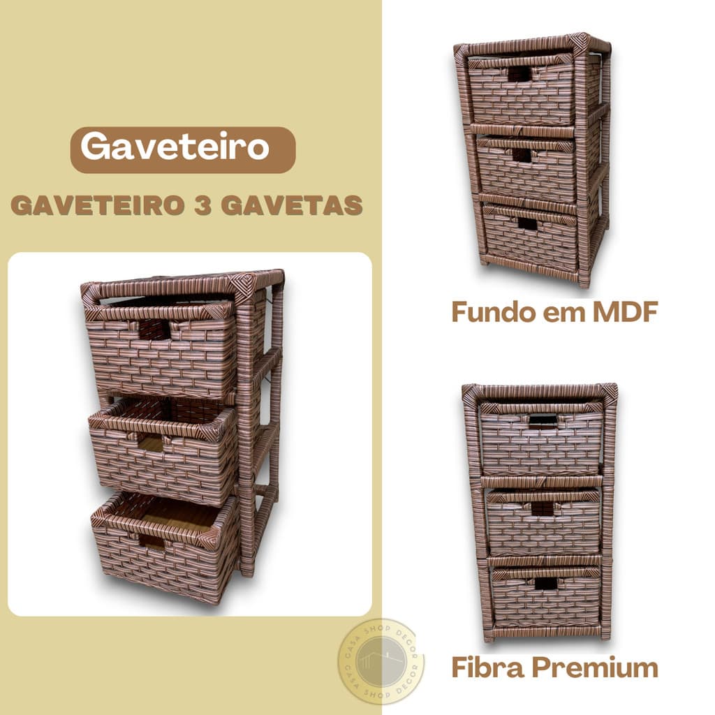 Gaveteiro 3 Gavetas Organizador Multiuso de Fibra Sintética Vime Para Quarto, Escritório, Banheiro