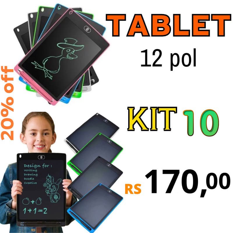 KIT 10 TABLET LOUSA MÁGICA 12 pol. DESENHE E APAGUE BRINQUEDO MENINO E MENINA PROMOÇÃO REVEND
