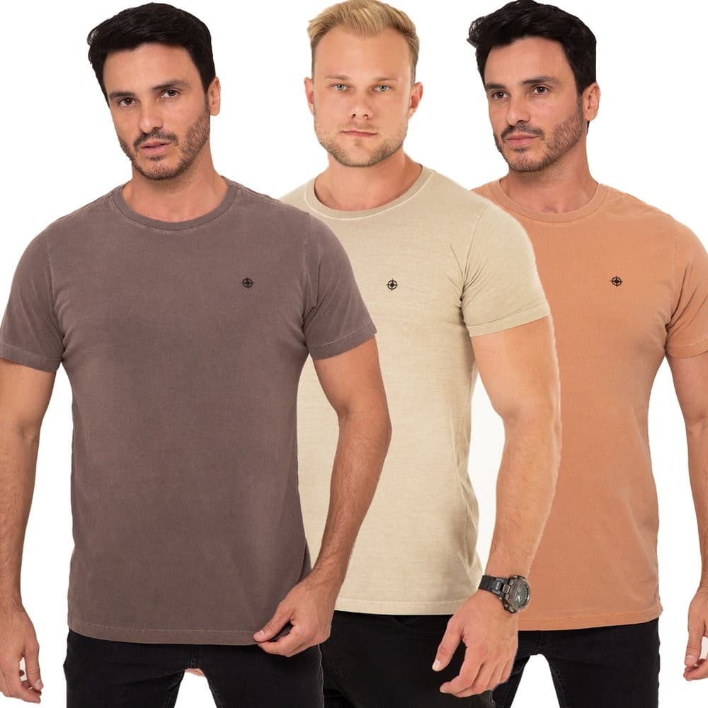 Kit 3 Camisetas Marmorizadas Estonada Masculina Casual Premium Slim Algodão Marrom Bege e Caramelo