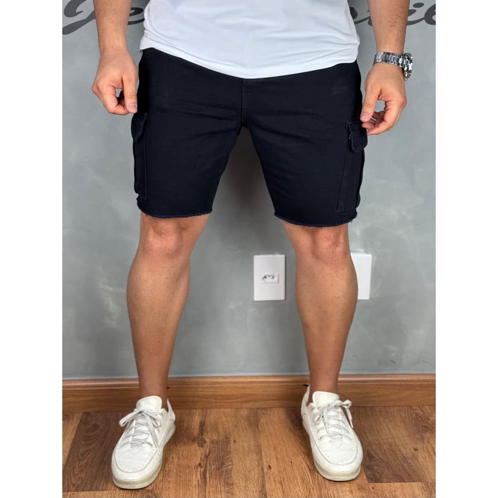 Bermuda Preta Masculina Jeans Bolso Cargo 100% Algodão
