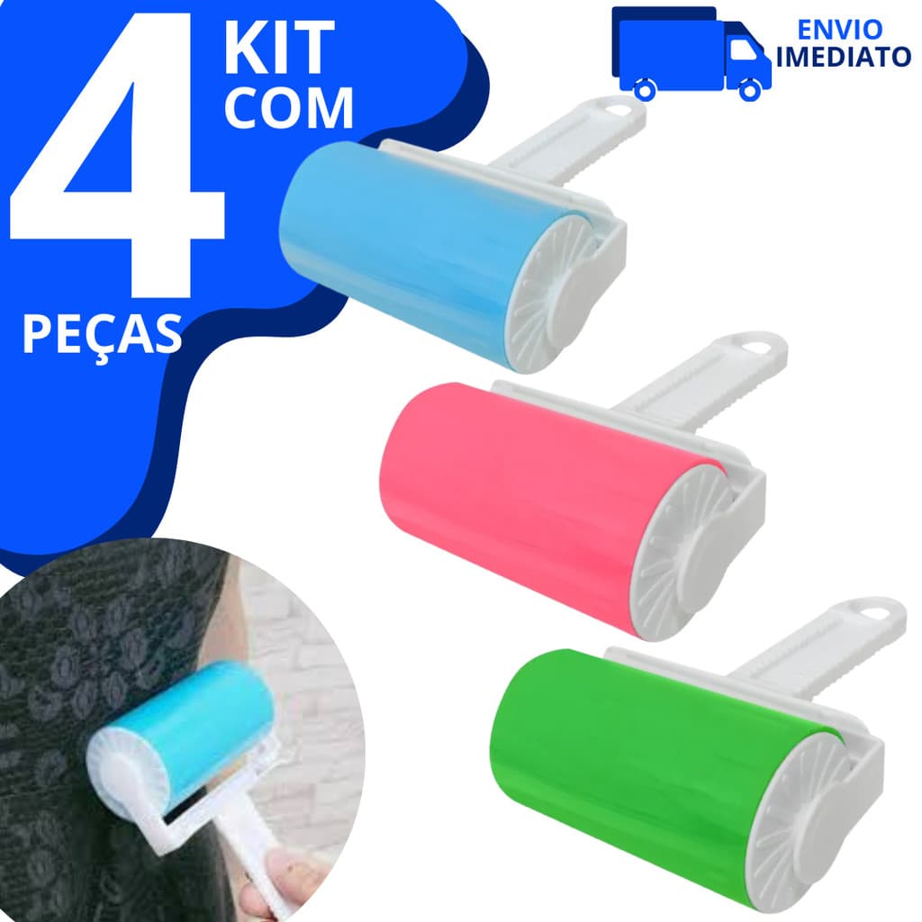 Kit 4 Rolos Tira Pelos Fiapos Poeiras Cabelo Lavável Com Tampa Multiuso De Alta Qualidade