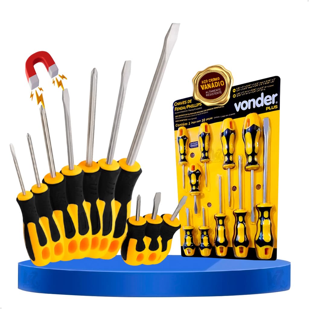 Jogo Chave Fenda Philips Magnetizada Imã Profissional 10 peças - Vonder Plus