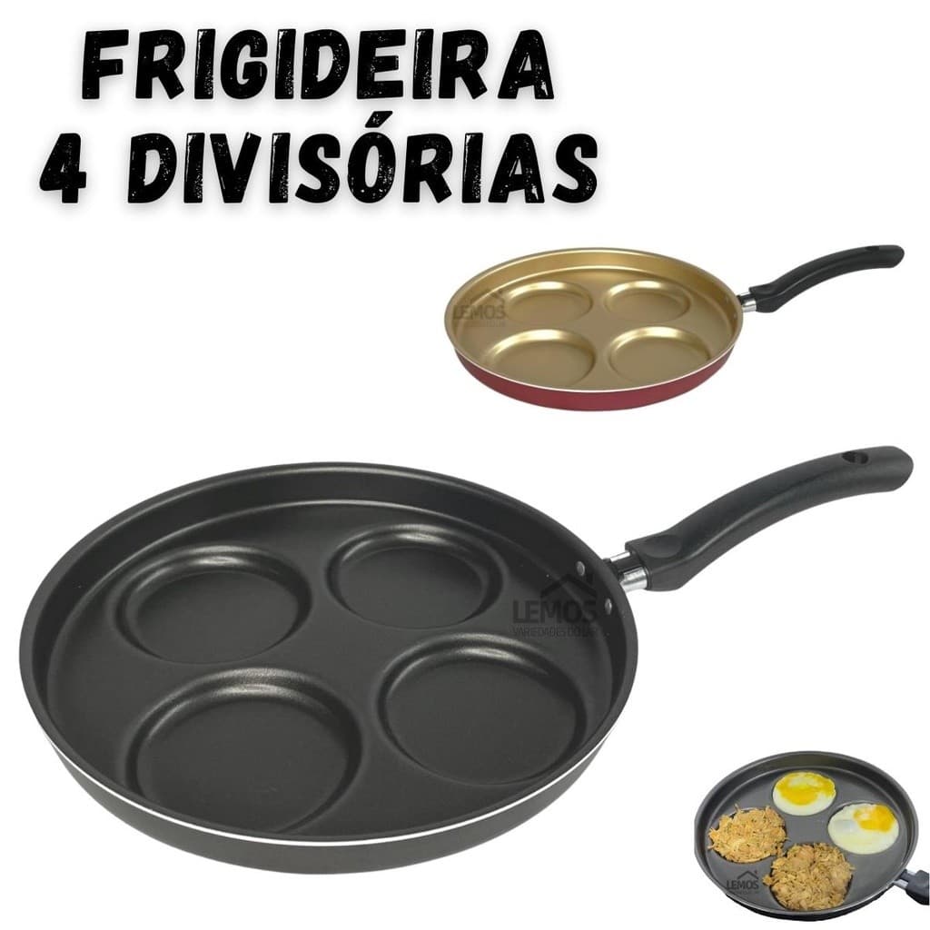 Frigideira Multiuso 4 Divisórias Para Ovo Hamburguer Panqueca Omelete Antiaderente Preta ou Vermelha