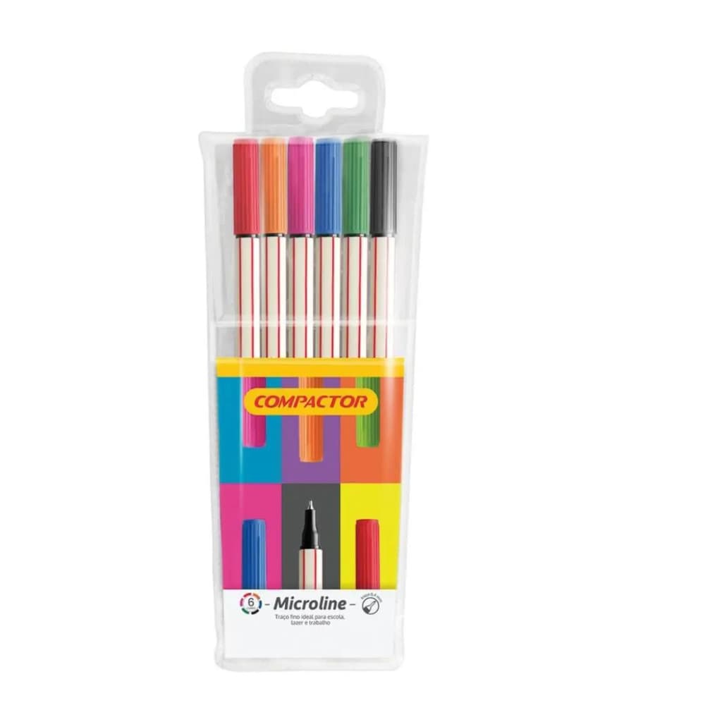 CANETA MICROLINE PONTA POROSA – CARTEIRA COM 6 CORES – COMPACTOR