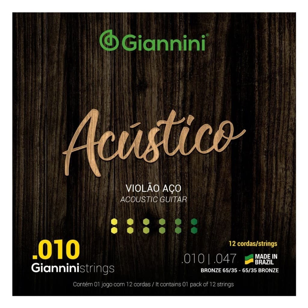 Kit 3 Encordoamento Violão Giannini Acústico GESWA12 Bronze 65/35 0.010"