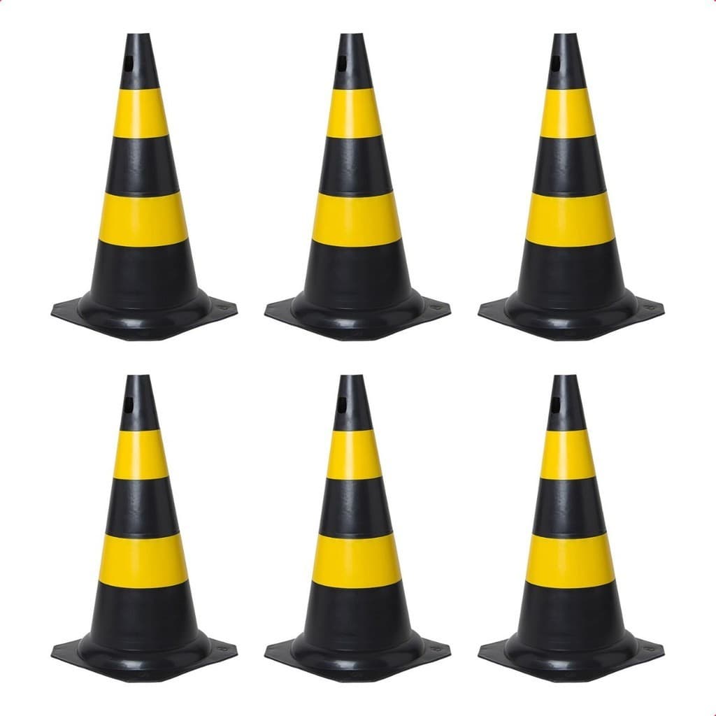 Kit 6 Cone De Sinalização Rígido 50cm Preto Amarelo Para Estacionamento Trânsito Obra Segurança