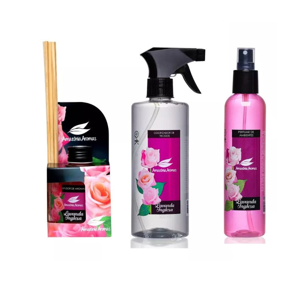Kit Difusor De Aroma + Perfume de Ambiente +  Odorizador de Tecido Lavanda Inglesa Amazônia Aromas 3 unidades