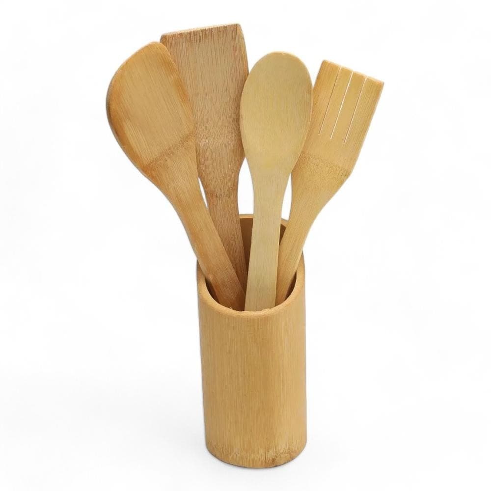 Kit Cozinha Bambu Utensílios 5 Peças Garfo Colher Espátula