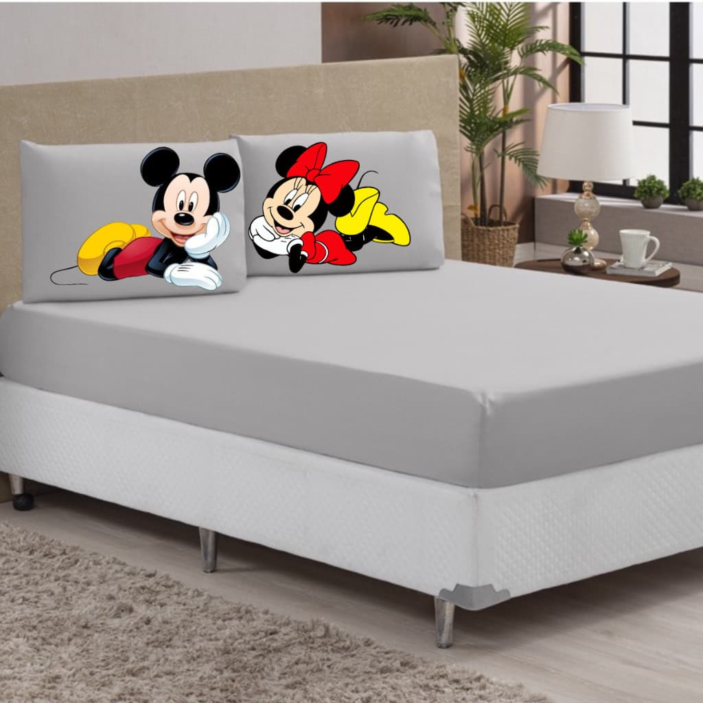 Lençol Casal 3 peças Com Fronhas Estampadas Para Casais Apaixonados MICKEY E MINNIE DEITADOS