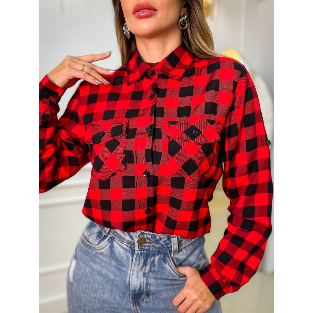 Camisa Xadrez Feminina Viscose Bolsos Festa Junina