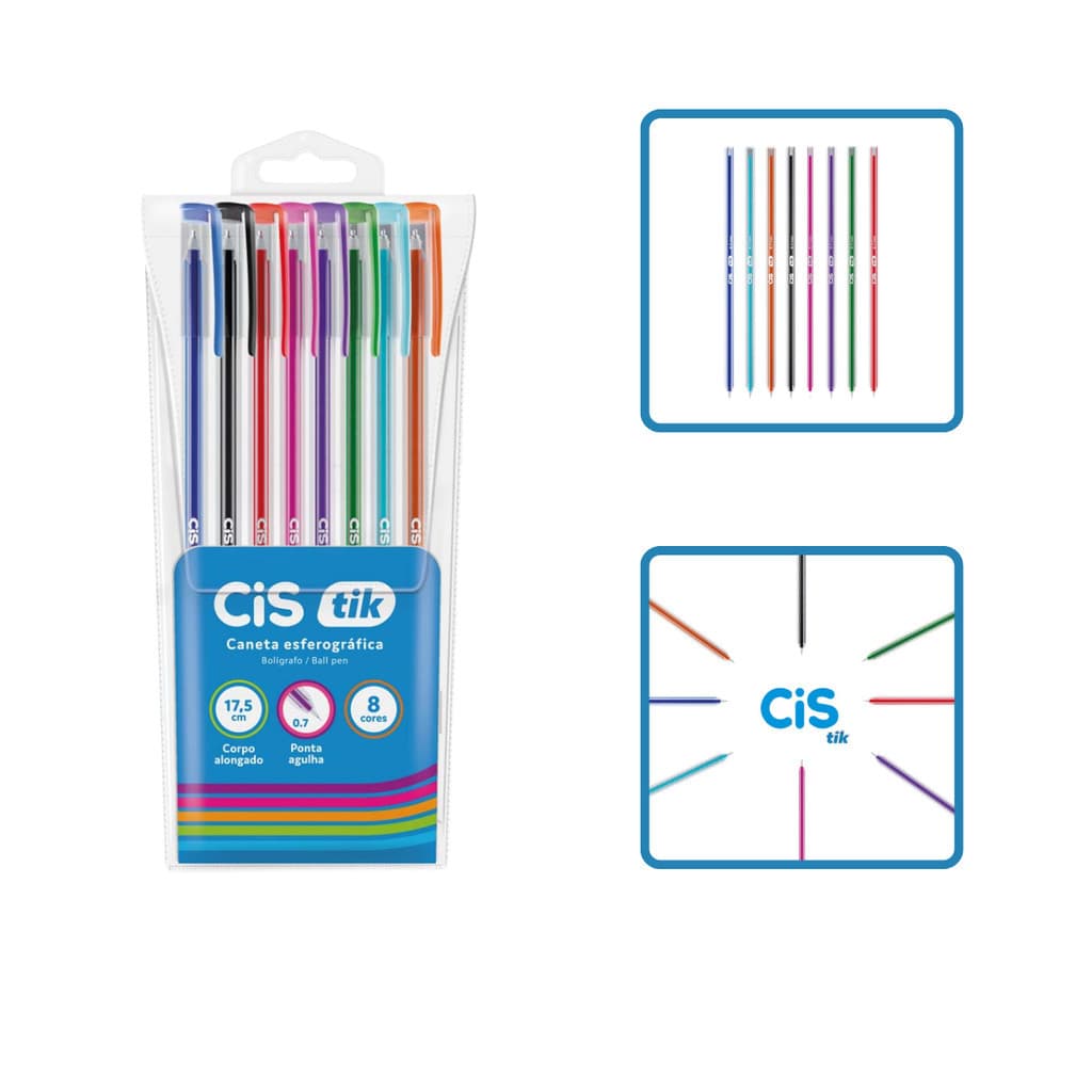 Caneta Esferográfica Cis Tik Estojo Com 8 Cores