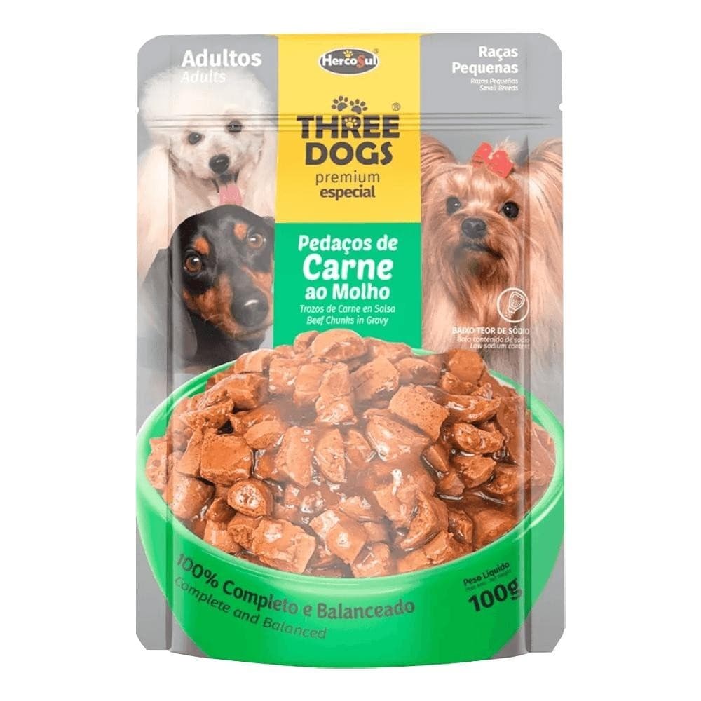 Sachê Hercosul Three Dogs Original Especial Premium de Raça Pequena Adulta, Carne ao Molho 100 Gramas