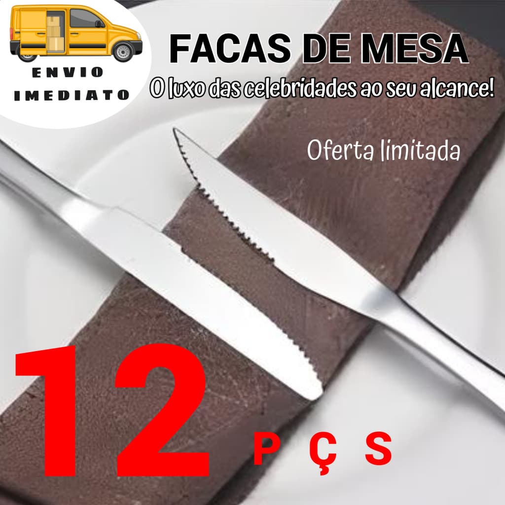 FACA DE MESA SERRILHADA 12 peças - Talher Aço Inox Alta Qualidade Para Restaurante, Casa, Bar, Hotel Linha Garbo 22 cm