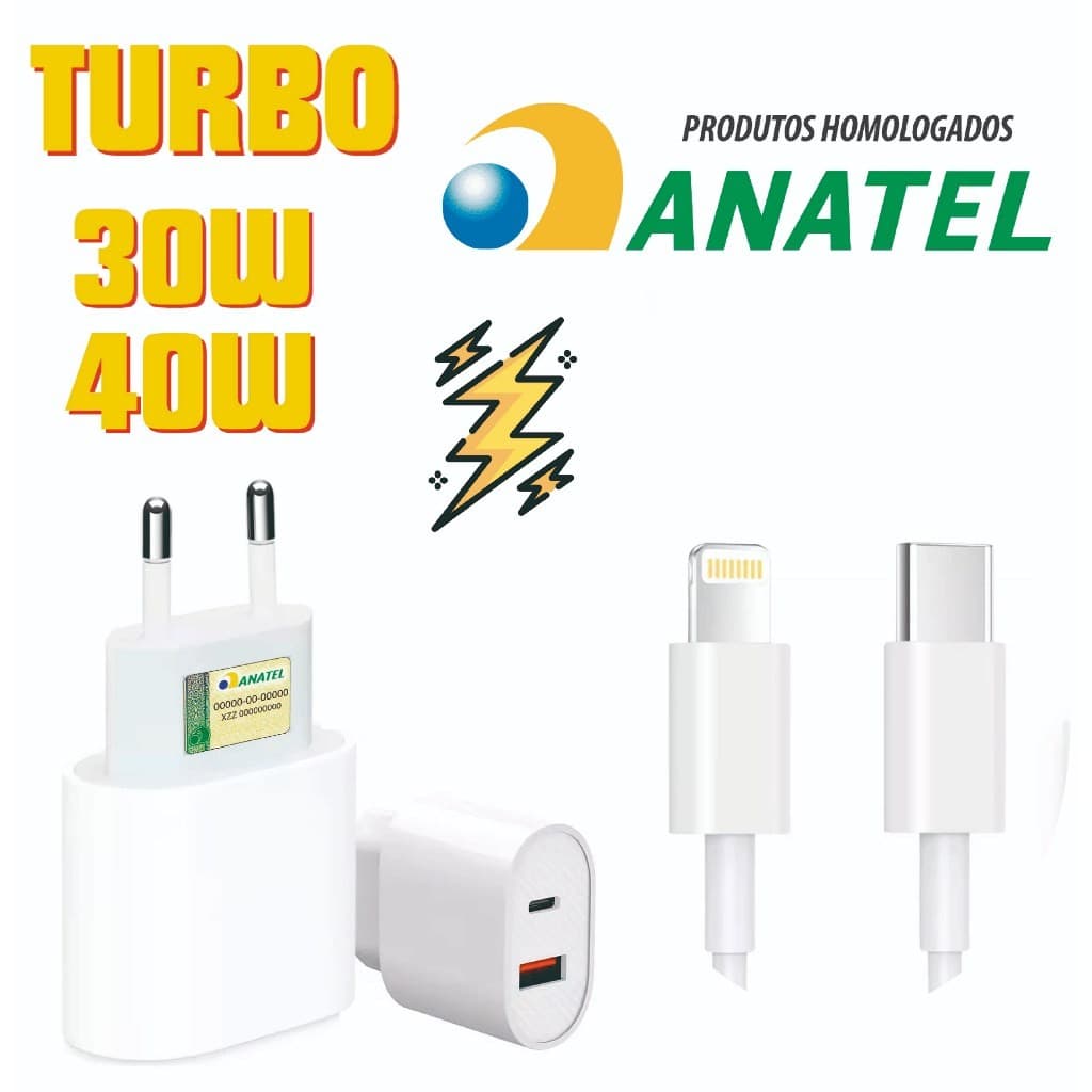 Carregador IOS Turbo 20W 30W 40W Homologado Anatel Para iPhone 6 7 8 X XR 11 12 13 14 Pro MAX PLUS