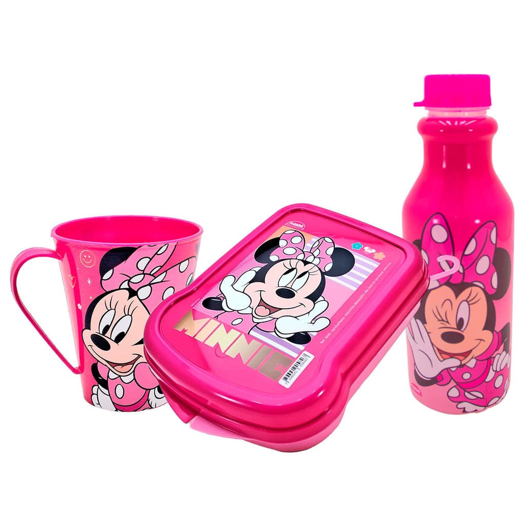 Kit Minnie Rosa, Garrafinha 500ml Retrô, Caneca Infantil 360ml , e Sanduicheira infantil Plasútil