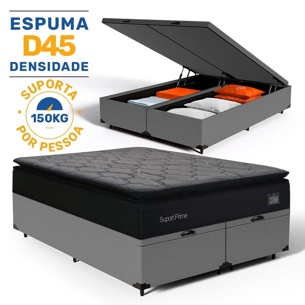 Cama Box Baú com Colchão de Espuma D45 Pillow Top Suport Prime Queen 158cm