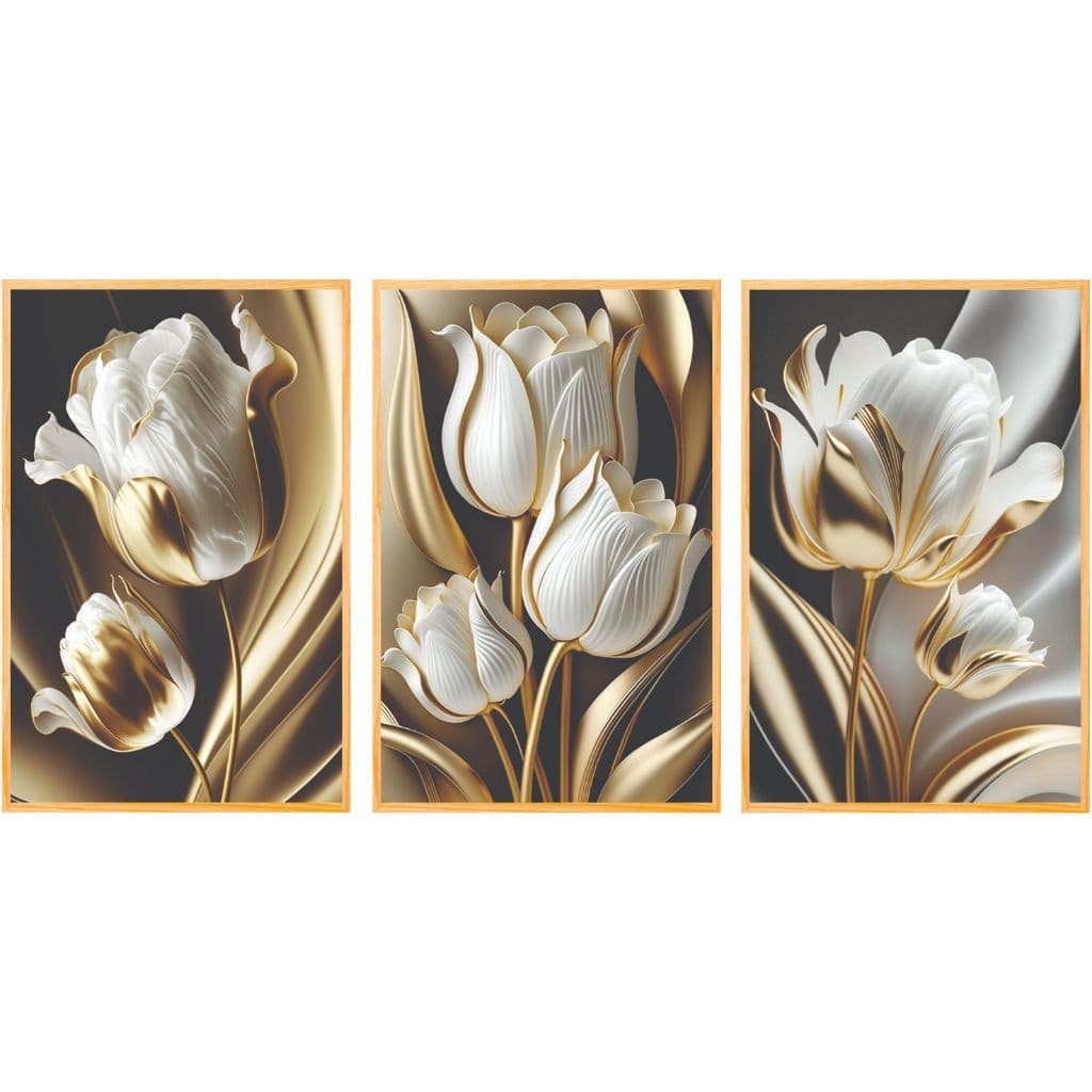 kit quadros flores tulipas delicadas flores gold luxo 3 peças para sala e quartos n001