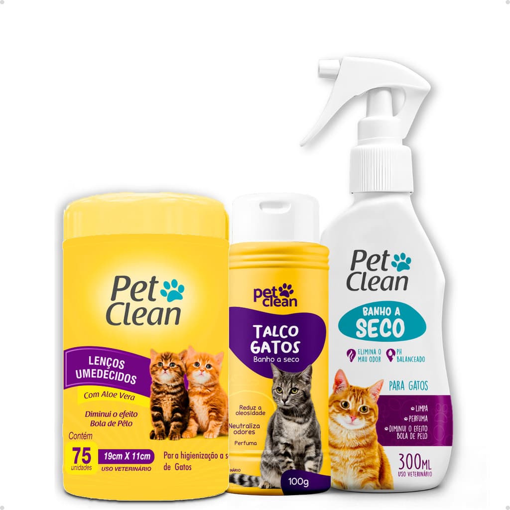 Kit Banho a Seco para Gatos 300ml Pet Clean Lenço Umedecido Gato 75 unid Talco Pet Clean 100g Gatos