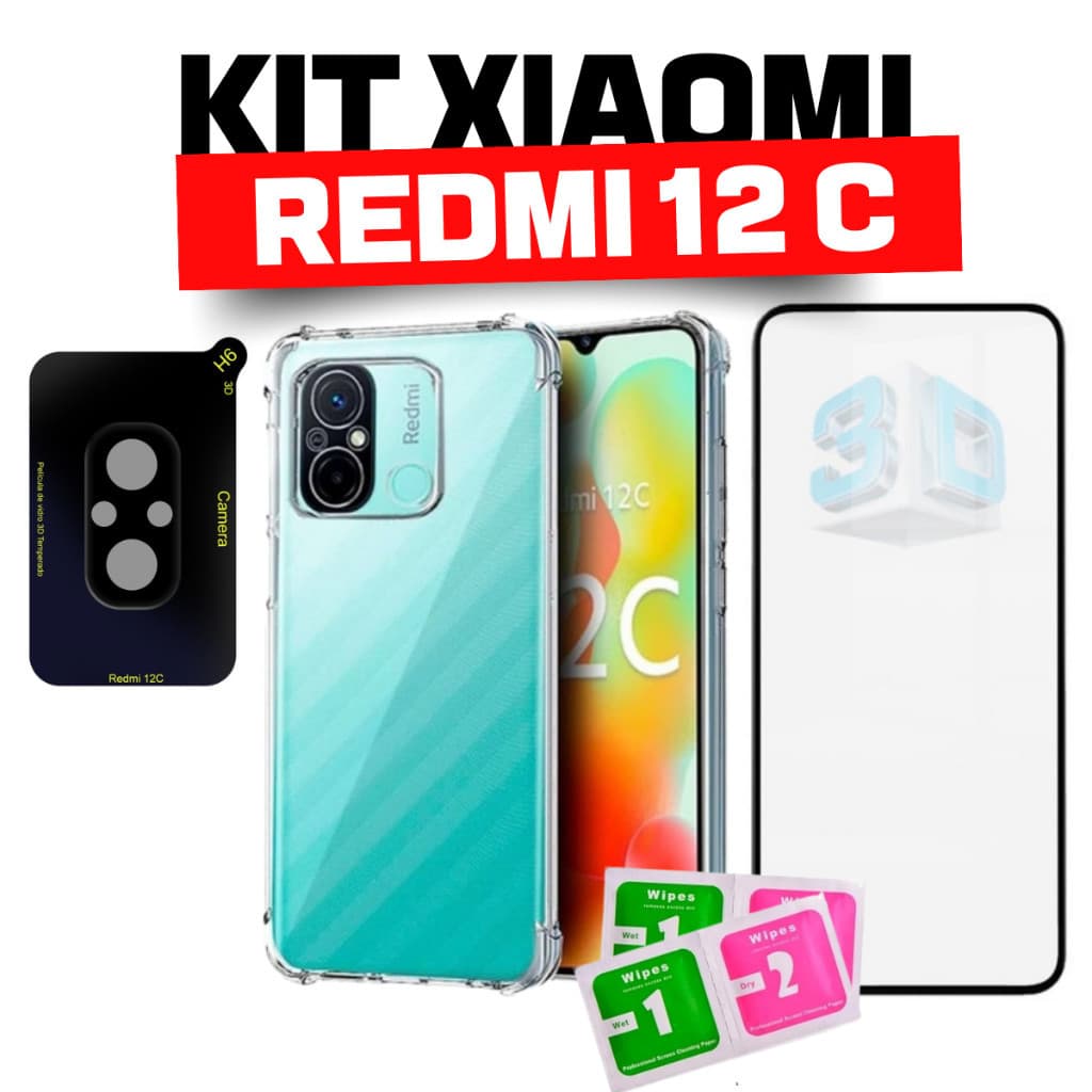 Combo Xiaomi Redmi 12c Capa Capinha Transparente TPU + Película 3D Tela Toda + Película Da Câmera