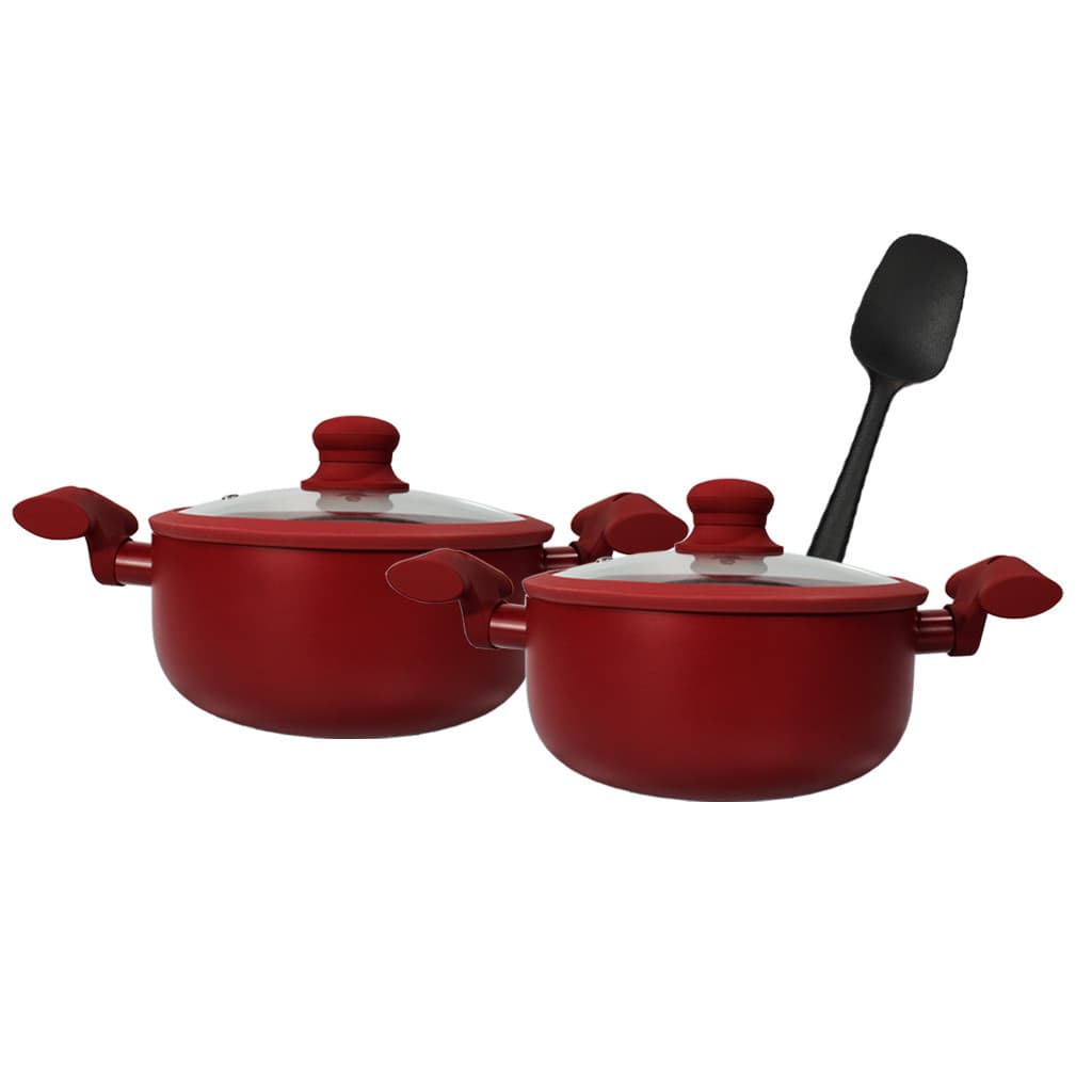 Conjunto De Caçarolas 20cm Com Tampa Carmim Antiaderente Com Espátula