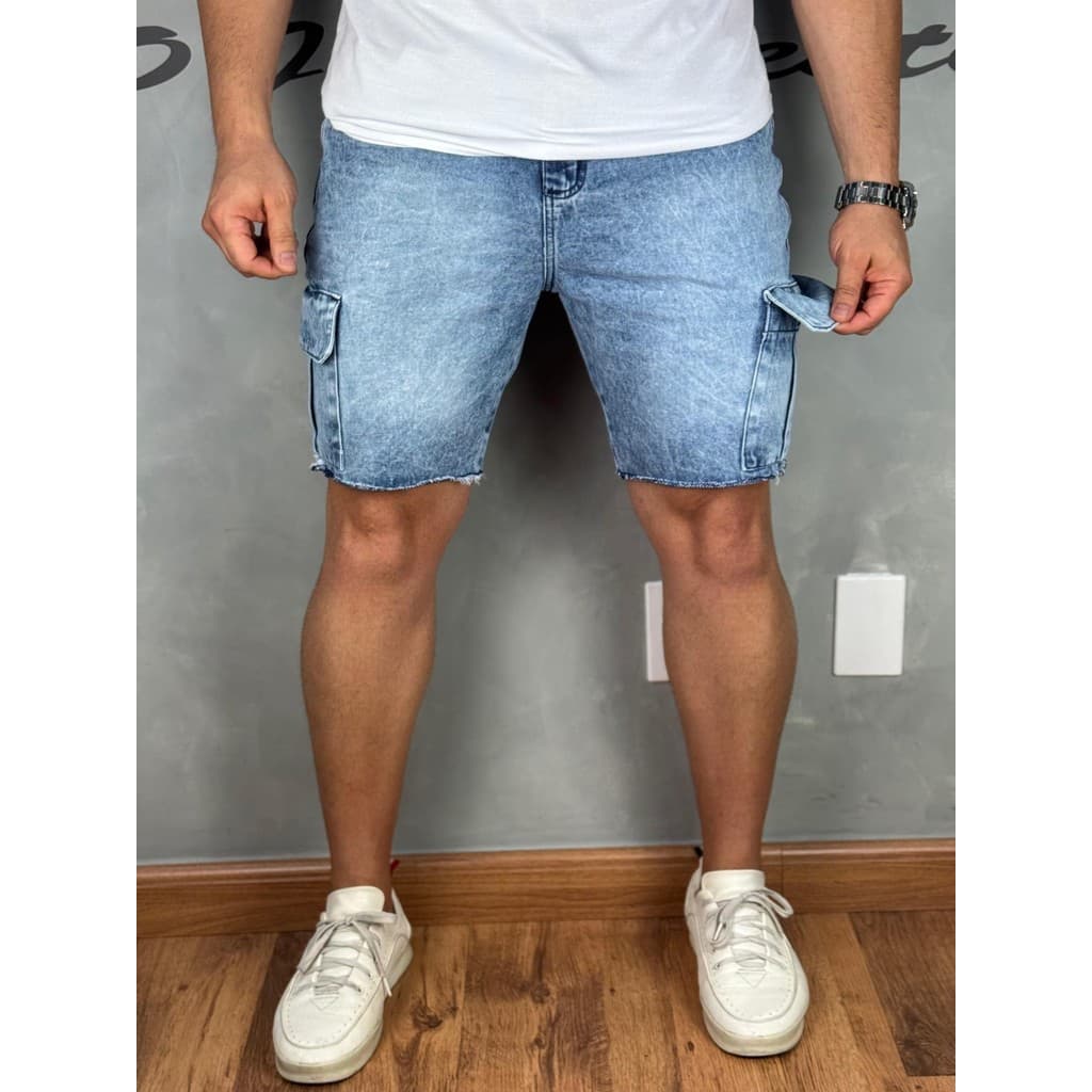 Bermuda Cargo Jeans Masculina 100% Algodão