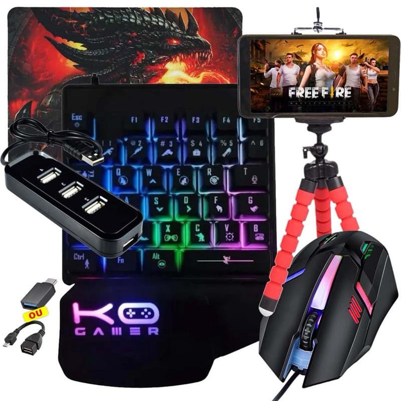Kit Mobilador Gamer de Celular Teclado Uma Mao RGB Compreto Ponto Entrega