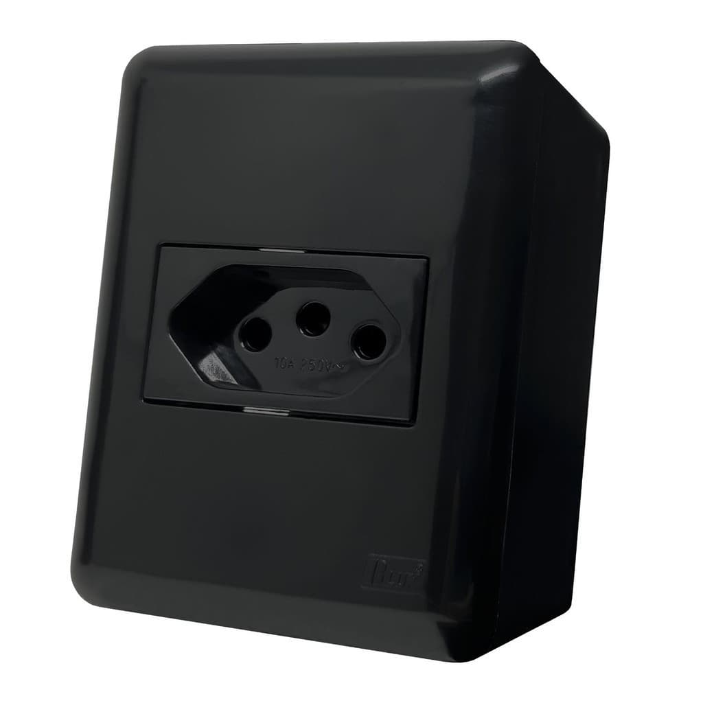 Tomada de sobrepor 10A elétrica 2P+T 110v Preta Overlap Blux
