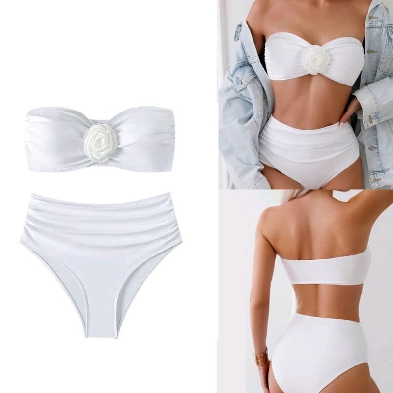 TO Conjunto De Maiô Feminino Sólido De 2 Peças Com Flores 3D Acolchoadas Sem Alças Na Cintura