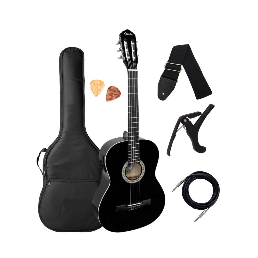 Violão Elétrico Nylon Destro Preto Brilhante Giannini Start N-14 EQ BK Clássico + Acessórios