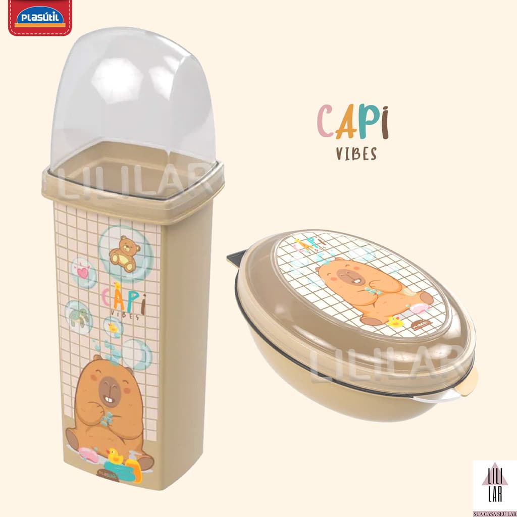 Capi Vibes Kit 2 peças Porta Escova Multiuso e Saboneteira Capivara Fofa
