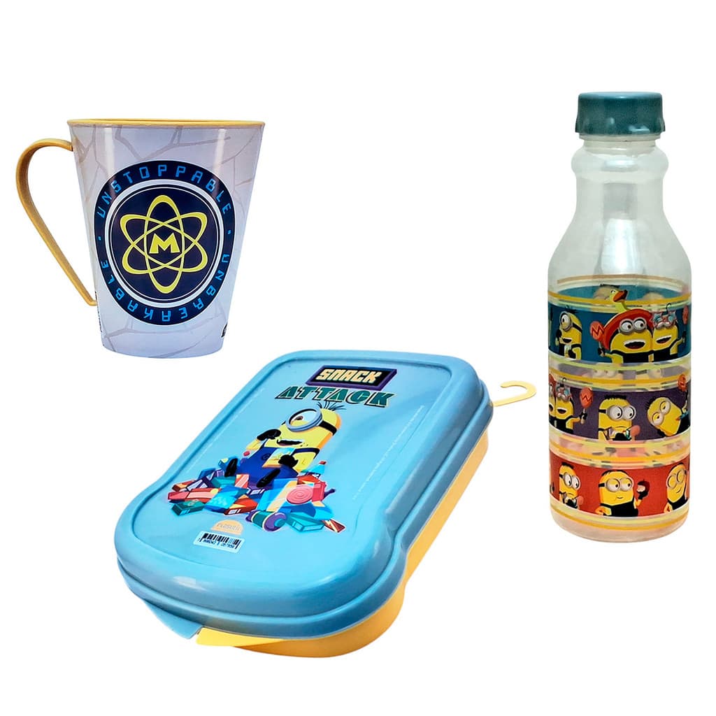 Kit Minions, Garrafinha Infantil 500ml Retrô, Caneca Infantil 360ml e Sanduicheira infantil Plasútil