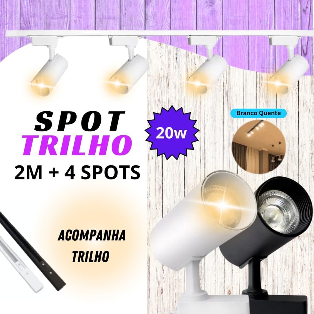 Kit Trilho Eletrificado 20W SPOT BRANCO e LED Branco QUENTE com 2 Trilhos/ 4 Spots COZINHA LOJA SALA