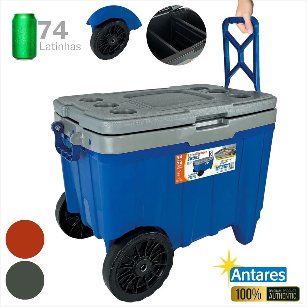 Caixa Térmica Cross Antares Com Rodas 54 Litros/74 Latas Cooler Antares Com Alça