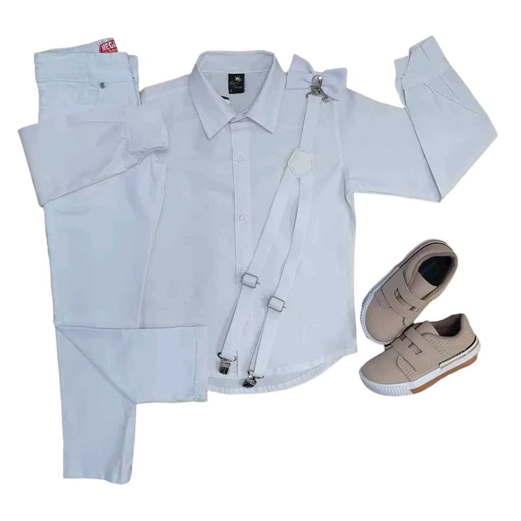Conjunto Roupa Social Branca Calça Camisa Suspensório Gravata Batizado Infantil Menino