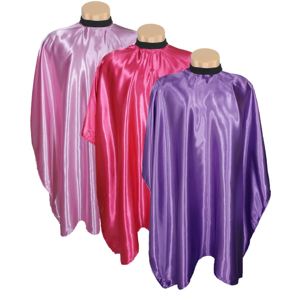Kit 3 Capas de Corte Feminina em Cetim com Zíper Lilás, Pink e Rosa p/ Cabeleireiros e Salão Beleza