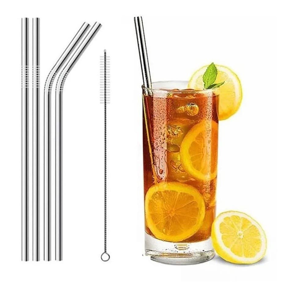 Kit  Canudo Reto, Curvo e Escovinha Limpeza Inox