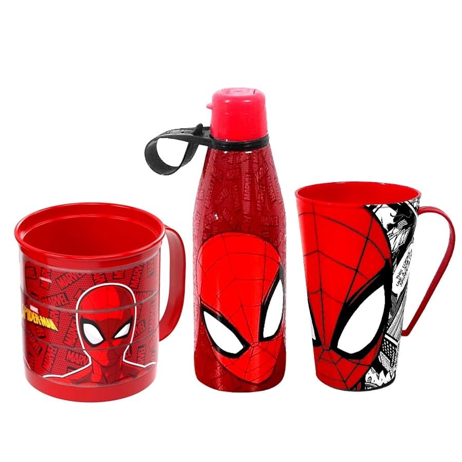 Kit Infantil do Homem Aranha Garrafa Caneca Divertida e Copo com Alça