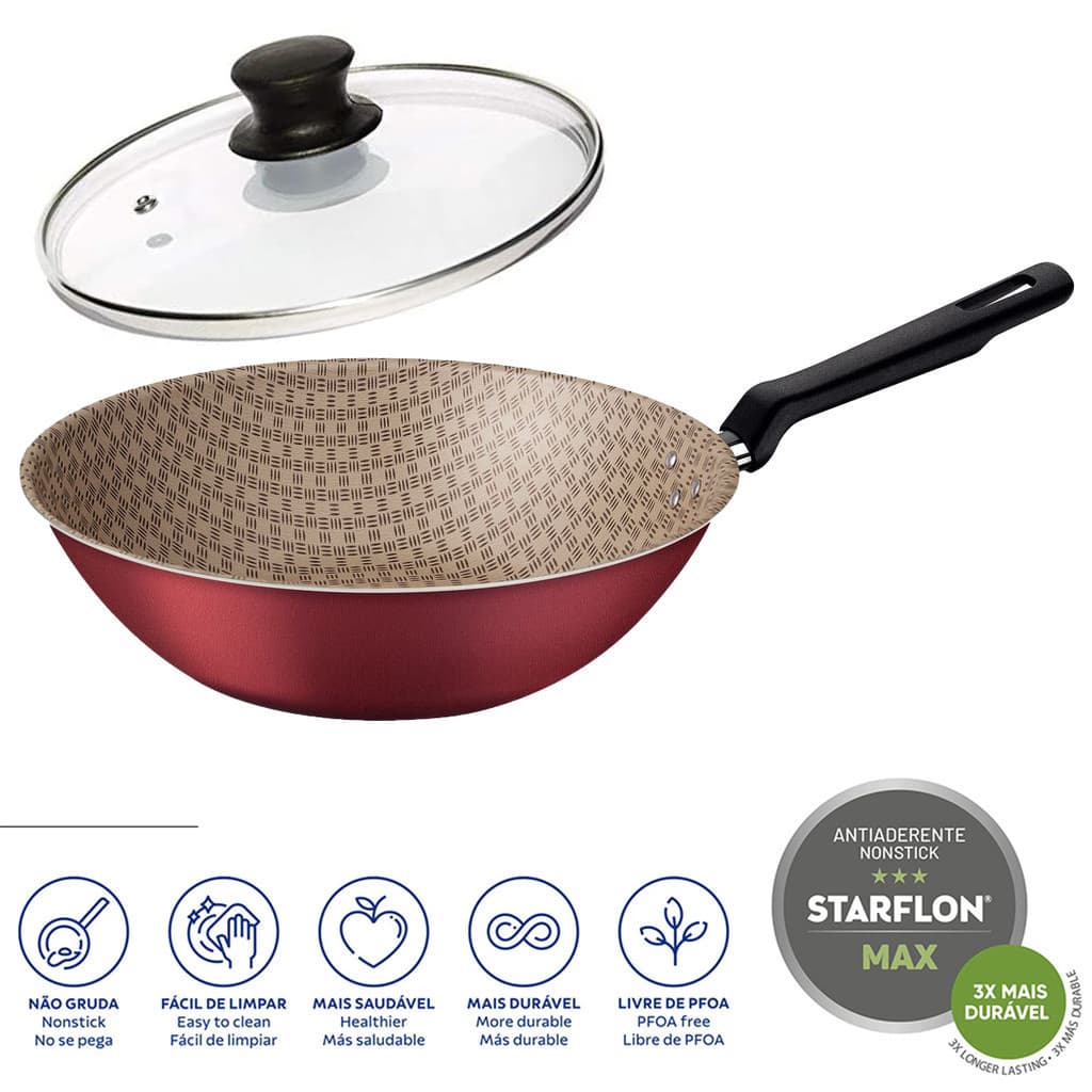 Frigideira Wok Funda Antiaderente 28 Cm Tramontina Loreto com Tampa Opcional
