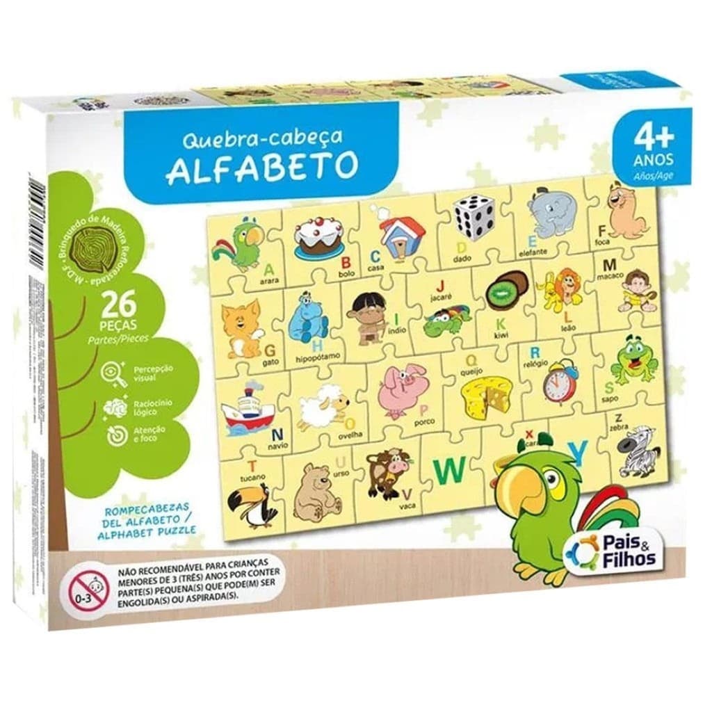 Quebra-Cabeça Educativo em MDF Alfabeto 26 Peças Pais e Filhos