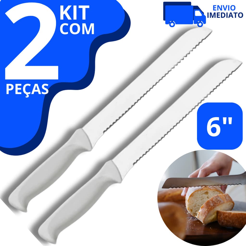 Kit 2 Faca de Pão 6" Em Lâmina De Aço Inox Cabo Plástico Branco Serrada Media 27,4cm
