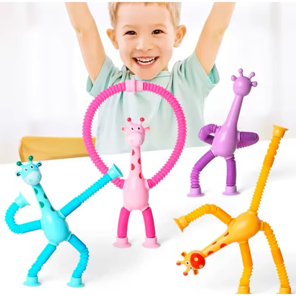 kit Girafa sucção pop tube luz led com ventosa estica brinquedo infantil girafa estica e puxa