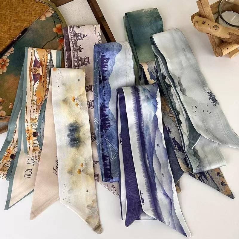 Novo Lenço de Seda Longo Estilo Chinês Retro Versátil Laço de Cabelo Fita de Bolsa Toque Suave Lenço de Pescoço Acessóri