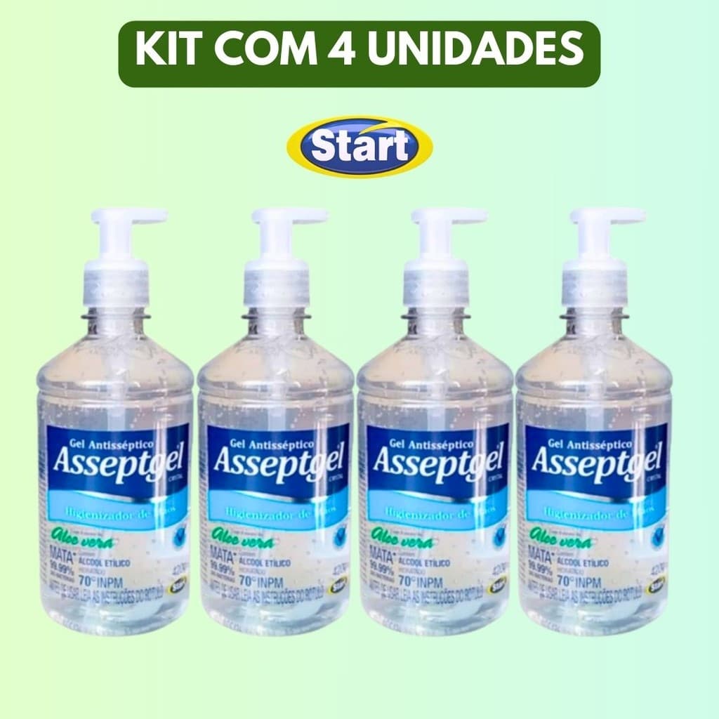 Kit 4 Álcool Em Gel Antisséptico Higienizador Asseptgel Cristal Aloe Vera 420g Hidratante Limpeza