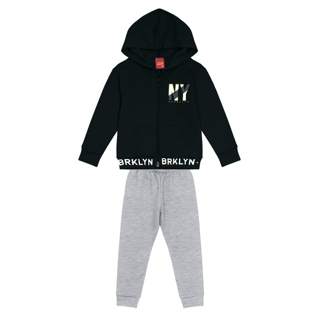Conjunto Moletom Blusão Casaco C/ Ziper Capuz Calça de Moletom Preto kyly