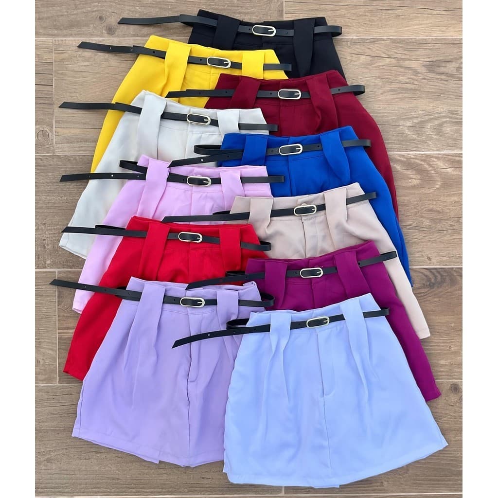 Short Saia Feminino Alfaiataria com Cinto Cintura Alta tendência