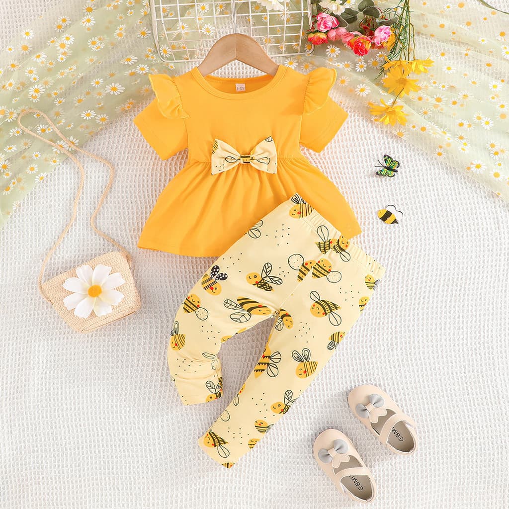 Conjunto Infantil Bebe 3-24 Meses Blusa Manga Curta Laço Calça Estampa Abelha Presente Aniversario