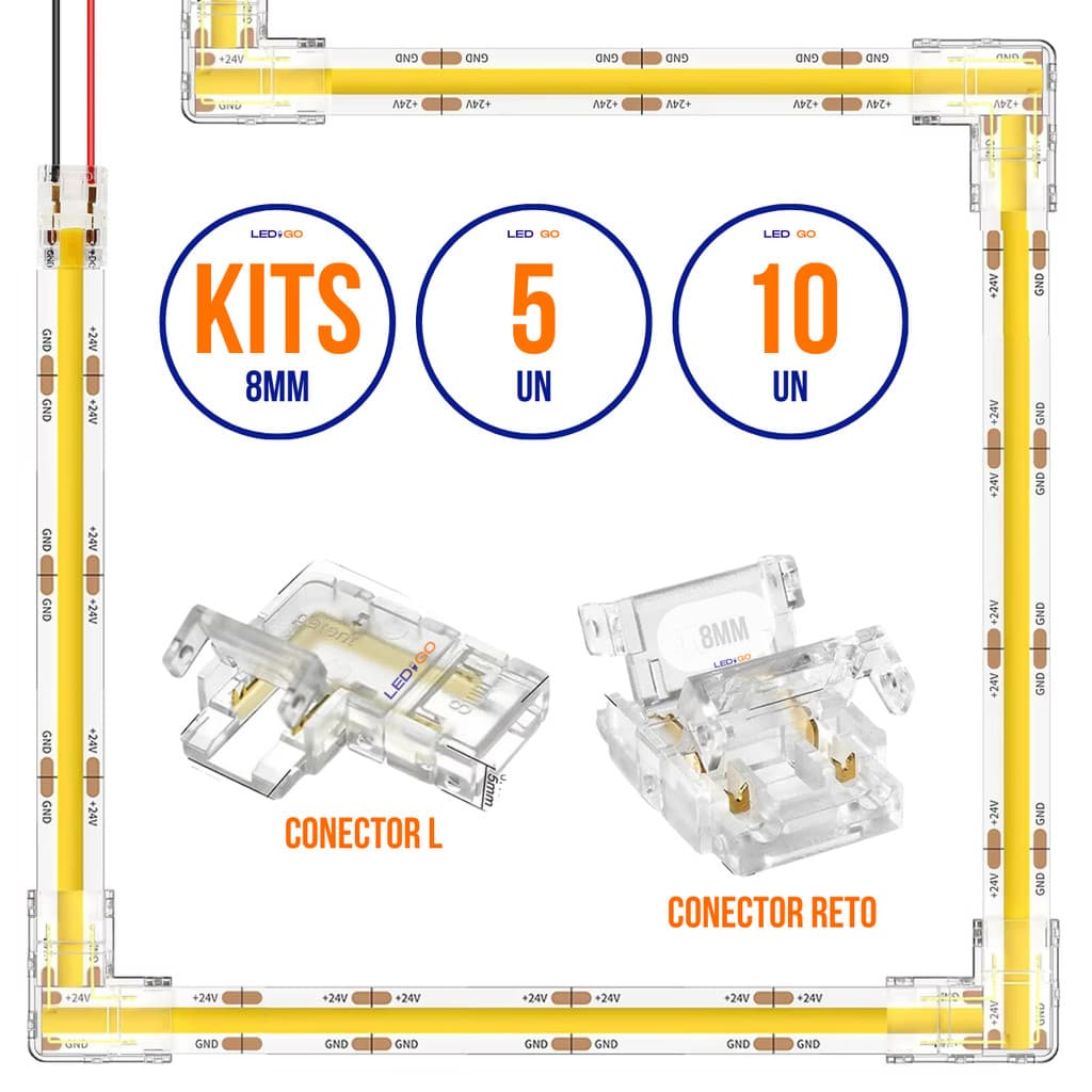 Conector LedGo Emenda Reto e L para Fita Led Cob ip20 2 Vias 8mm