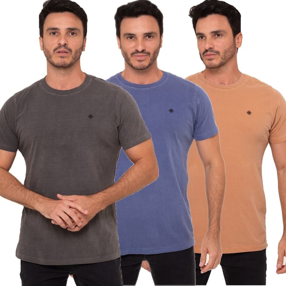 Kit 3 Camisetas Estonadas Masculina Casul Marmorizada Premium Algodão Slim Preto Oceano Caramelo