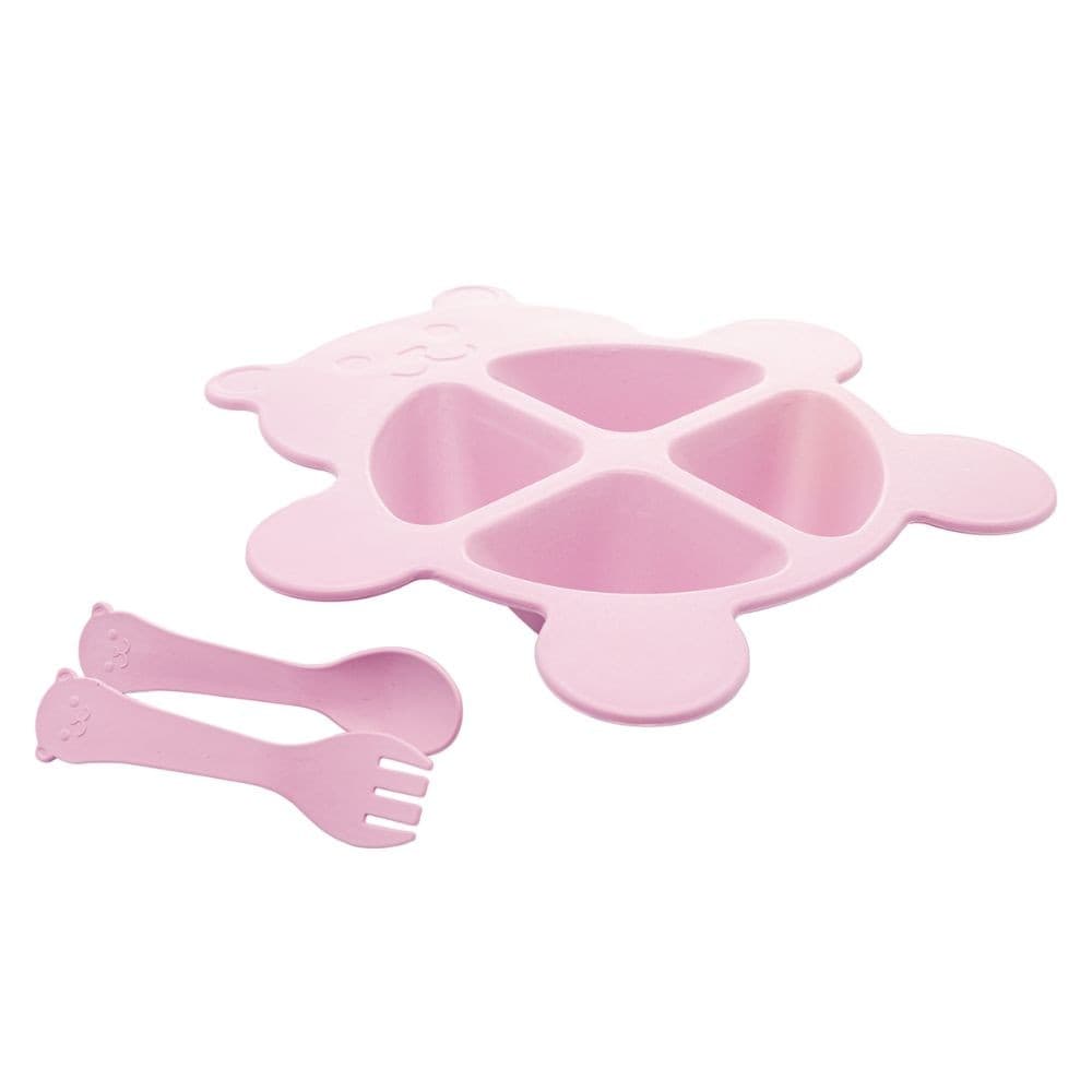 Jogo Prato Infantil Divisórias com Talheres Urso Rosa Baby Fibra de Bambu PP Lyor