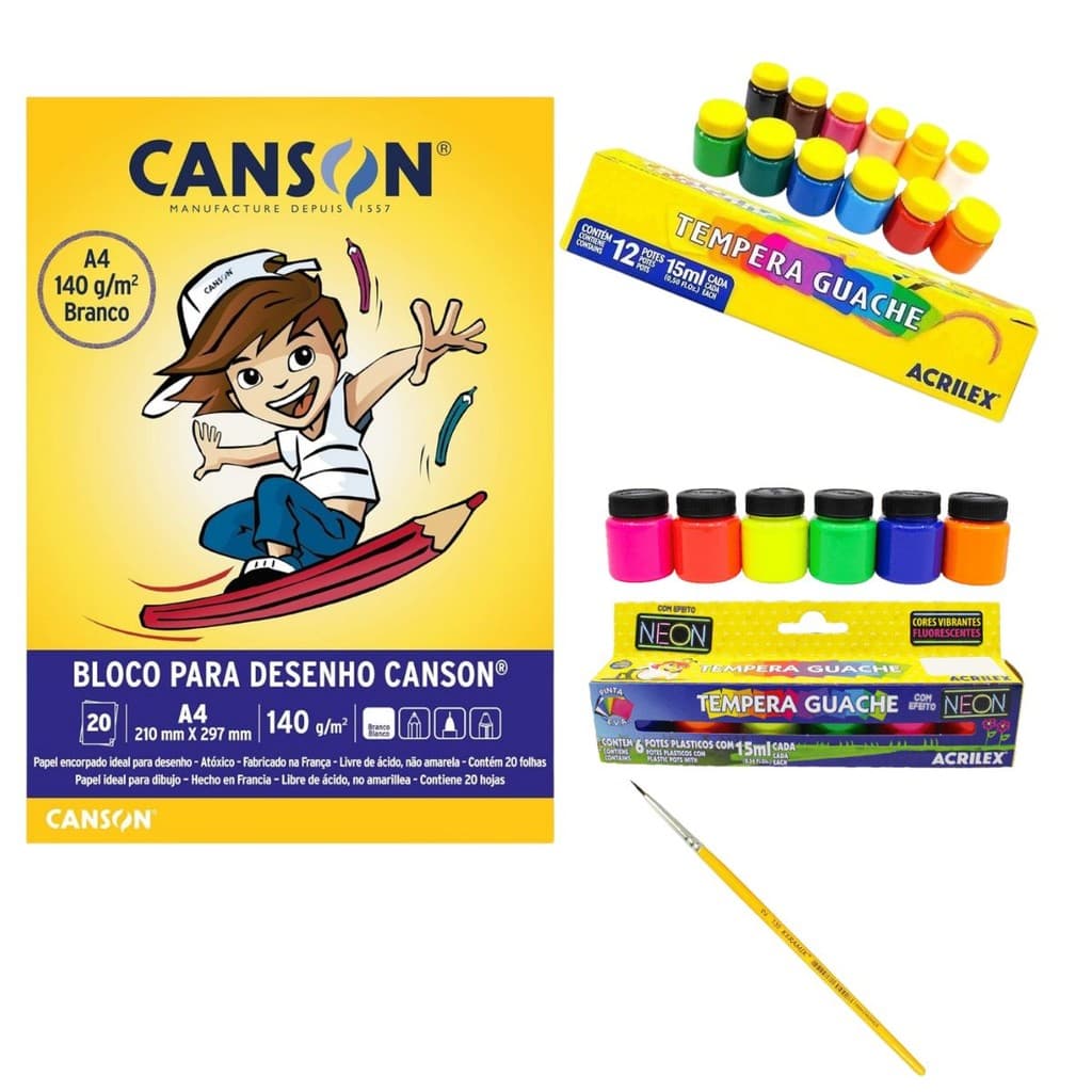 Kit Bloco Desenho artístico Canson + tintas Guache 12cores + 6 neon com Pincel para Pintura Nº08